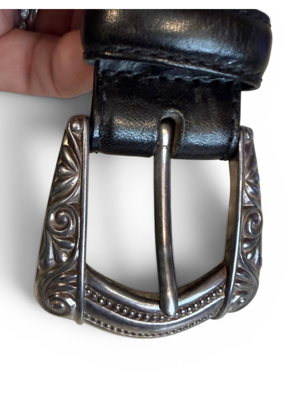 Vintage 90’s Fossil Black Leather Concho Belt Silver Western Buckle Women’s Sz M - Picture 2 of 8